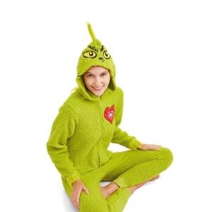 Green Grinch Hooded Onesie with Heart Patch brand new
